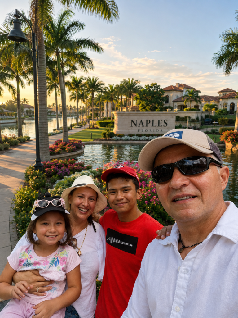 Esperanza Bustamante junto a su familia en Naples, Florida. Una imagen que refleja la experiencia real de vivir y relocalizarse a North Naples con enfoque en familia y calidad de vida.